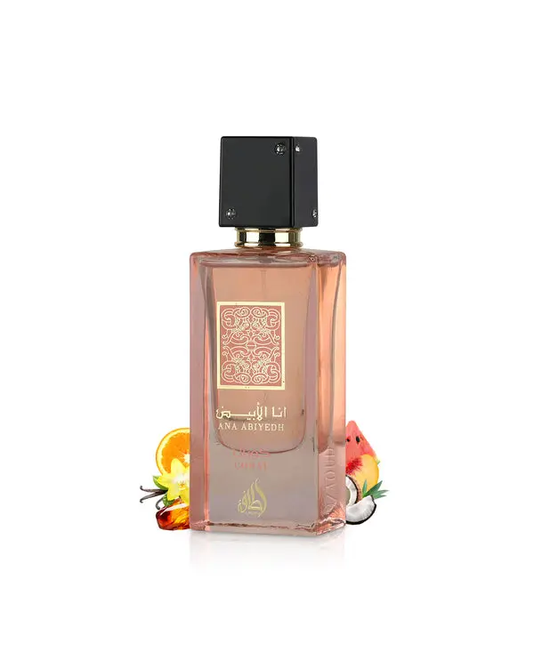Lattafa-Ana-abiyedh-coral-perfume-bottle-surrounded-with-coconut-and-watermelon-against-white-background.webp