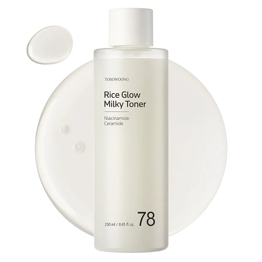 TOSOWOONG Rice Glow Milky Toner with 784,000ppm Korean Rice Water, Niacinamide, Ceramides, Panthenol, Glow, Glass Skin, Hydrating, Purifying, Fragrance-Free, Korean Skin Care, 250ml, 8.45 fl.oz.