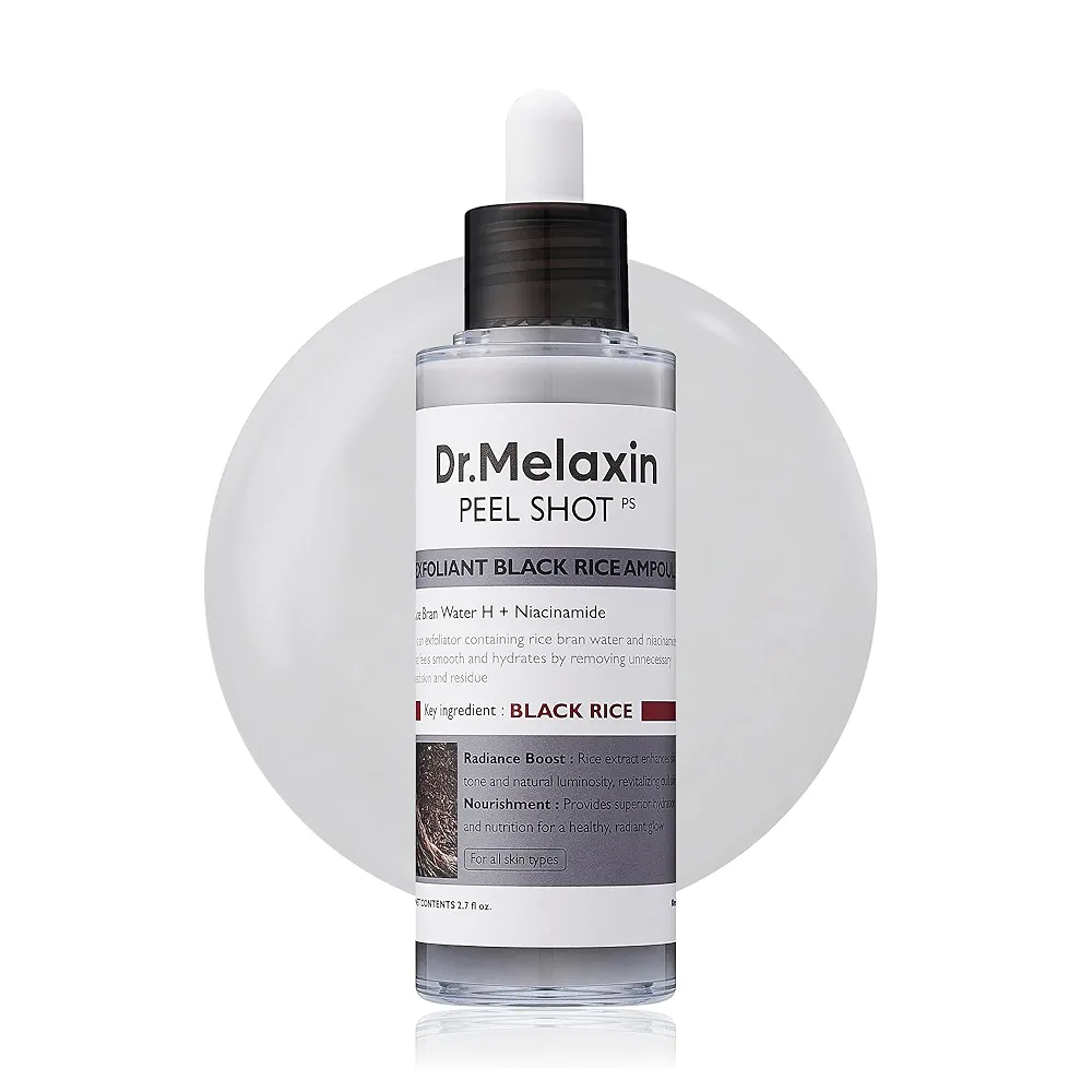Dr.Melaxin Peel Shot Exfoliant Black Rice Ampoule is an exfoliating and nourishing product that gently removes dead skin cells and leaves skin feeling smoother and brighter.