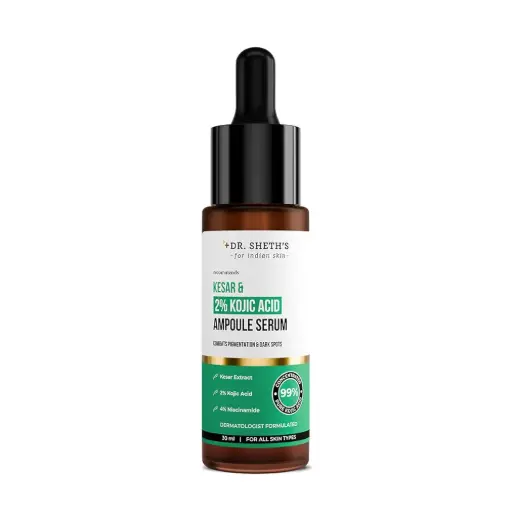 Dr Sheth's Kesar & 2% Kojic Acid Ampoule Serum | Prevents Pigmentation & Dark Sports | Provides Glow | Lightweight & Quick Absorbing | For Men & Women | All Skin Types | 30 ml