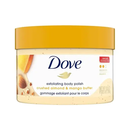 Dove Exfoliating Body Polish Scrub for Dry Skin with Crushed Almond and Mango Butter, Gently Exfoliates and Moisturizes to Reveal Instantly Soft, Smooth & Healthy Skin, Naturally Derived Ingredients, Sulfate-Free, Fruity Scent, 298g