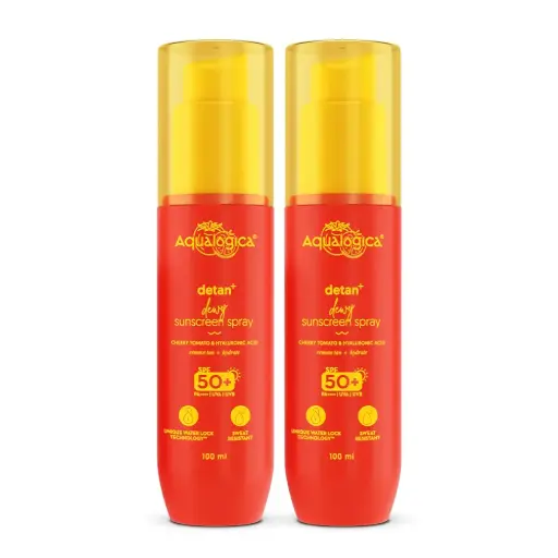 Aqualogica Detan+ Dewy Sunscreen Spray Spf 50+ Pa++++ Uva/B Protection hydrating & Sweat Resistant lightweight & White Cast-100 Ml Non-Comedogenici For Unisex|Oxybenzone Free All Skin, 2 Count